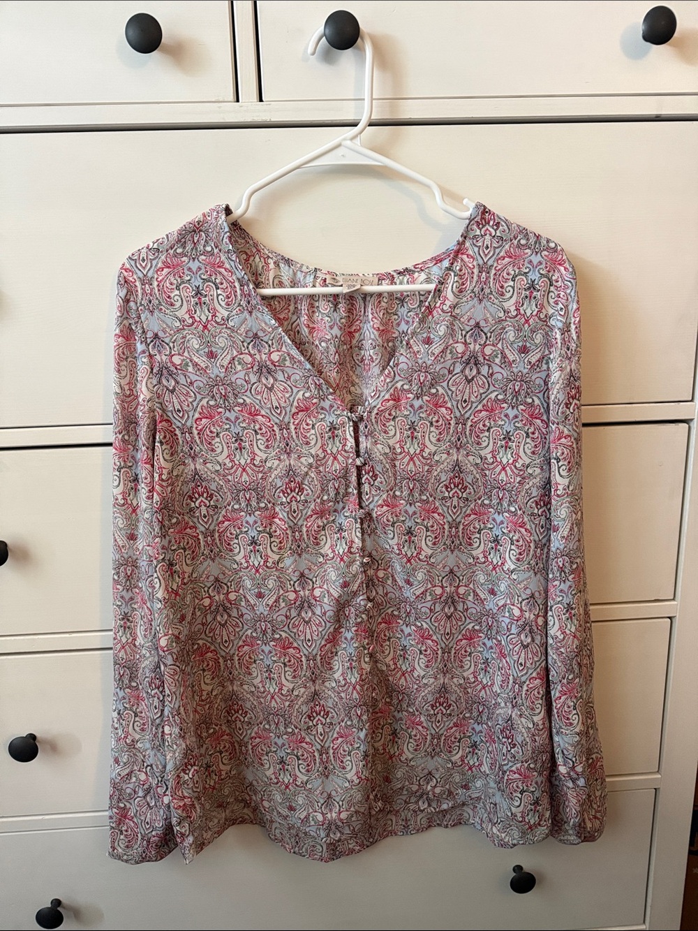Paisley-Print Long Sleeve V-Neck Blouse in Pink